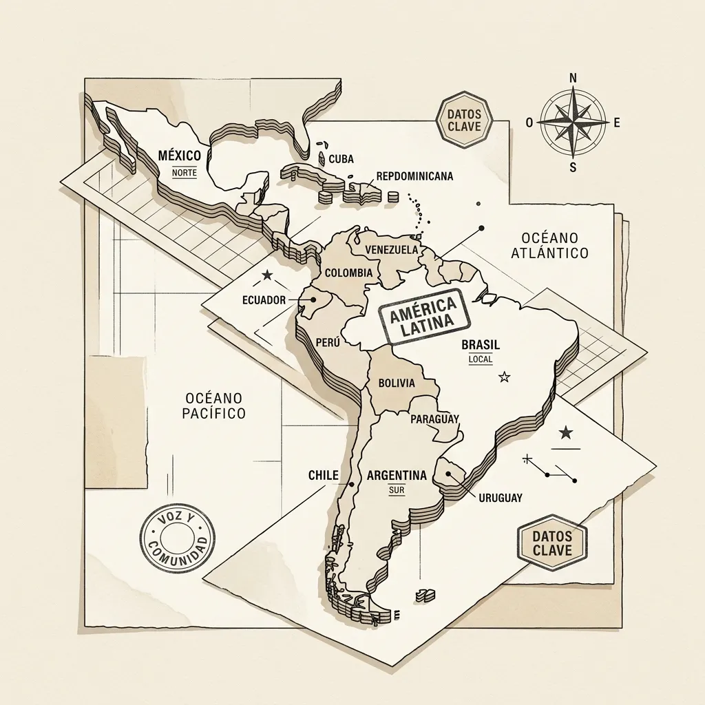 Mapa geométrico de Latinoamérica con fichas y marcadores en español
